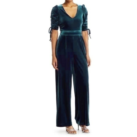 Eliza J. Ruched Short Sleeve Velvet Jumpsuit. - Picture 1 of 16